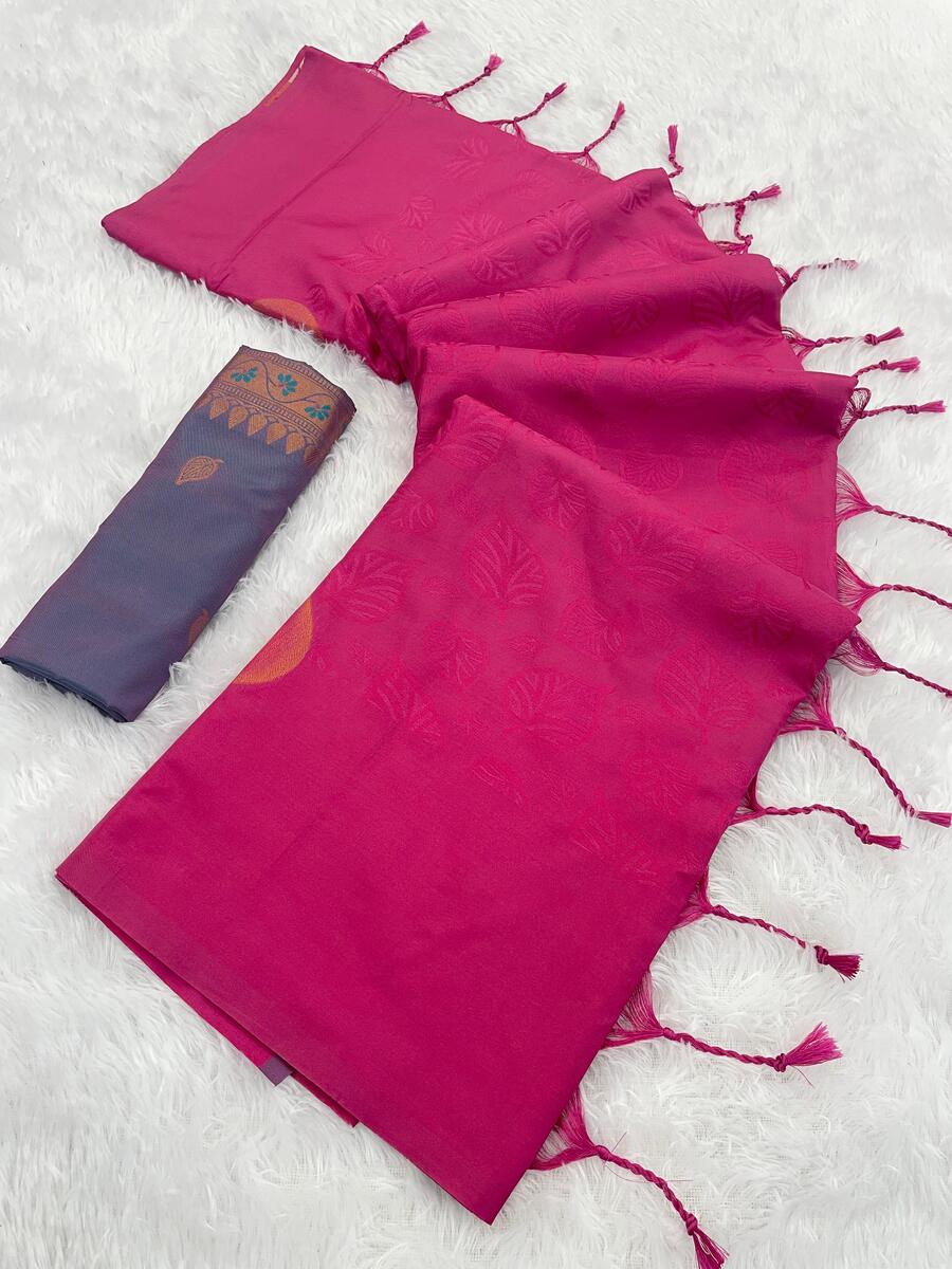 Denouement Dark Pink Soft Banarasi Silk Saree With Groovy Blouse Piece