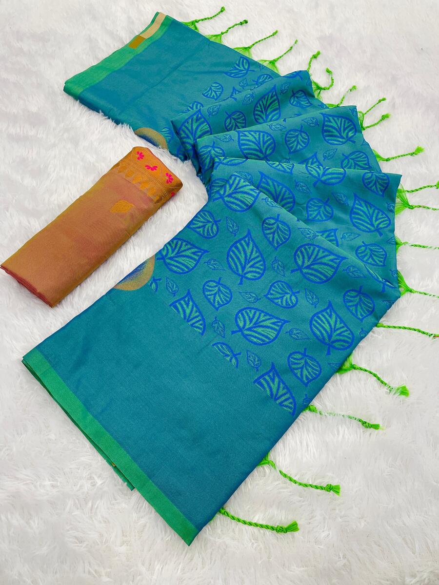 Invaluable Firozi Soft Banarasi Silk Saree With Moiety Blouse Piece