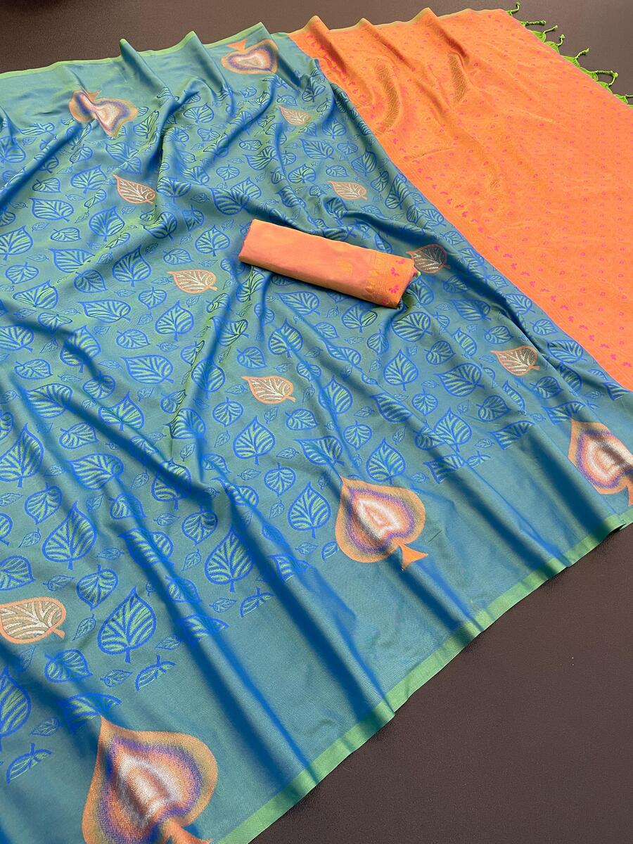 Invaluable Firozi Soft Banarasi Silk Saree With Moiety Blouse Piece