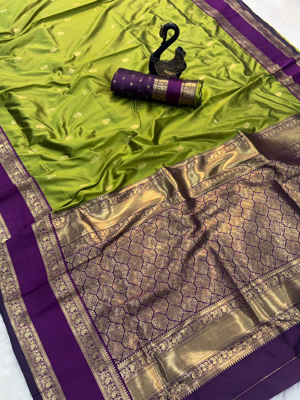 Vestigial Mehndi Soft Banarasi Kathpadar Silk Saree With Alluring Blouse Piece