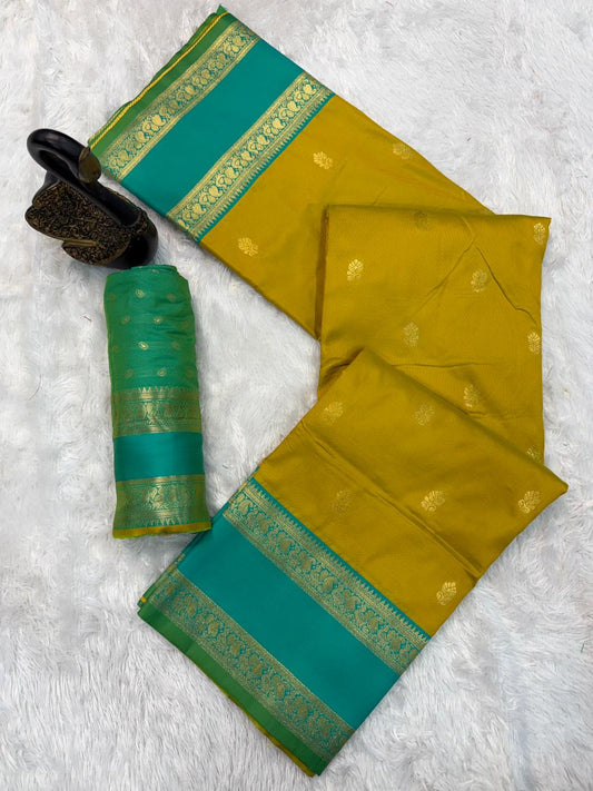 Luminous Mustard Soft Banarasi Kathpadar Silk Saree With Diaphanous Blouse Piece