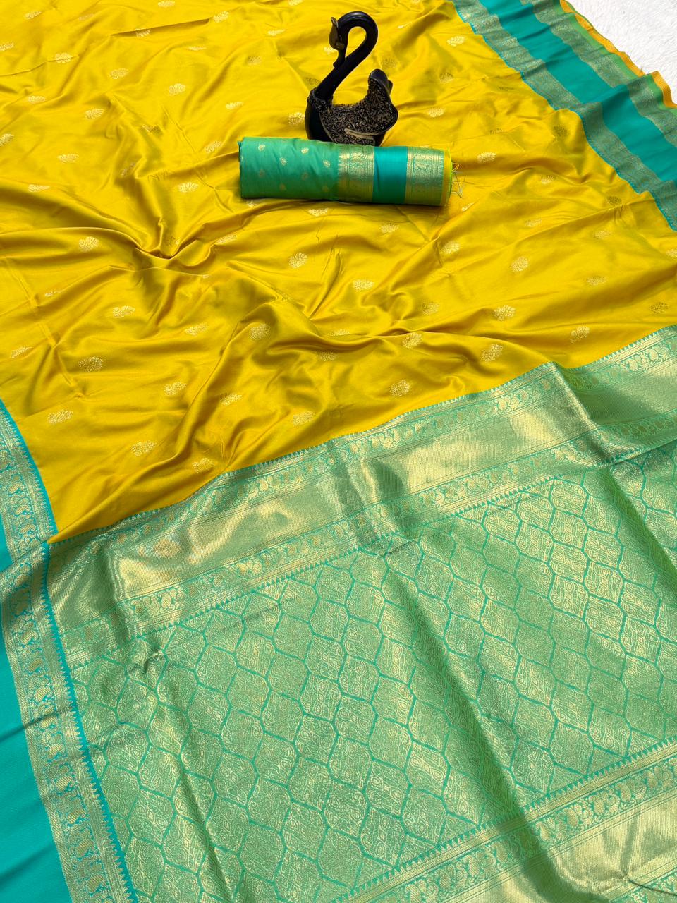 Luminous Mustard Soft Banarasi Kathpadar Silk Saree With Diaphanous Blouse Piece