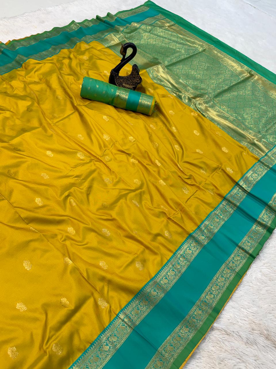 Luminous Mustard Soft Banarasi Kathpadar Silk Saree With Diaphanous Blouse Piece