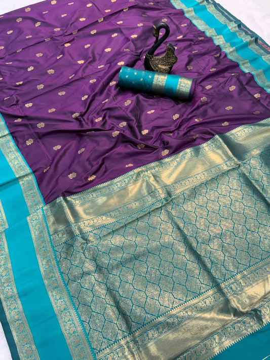 Jubilant Purple Soft Banarasi Kathpadar Silk Saree With Sophisticated Blouse Piece