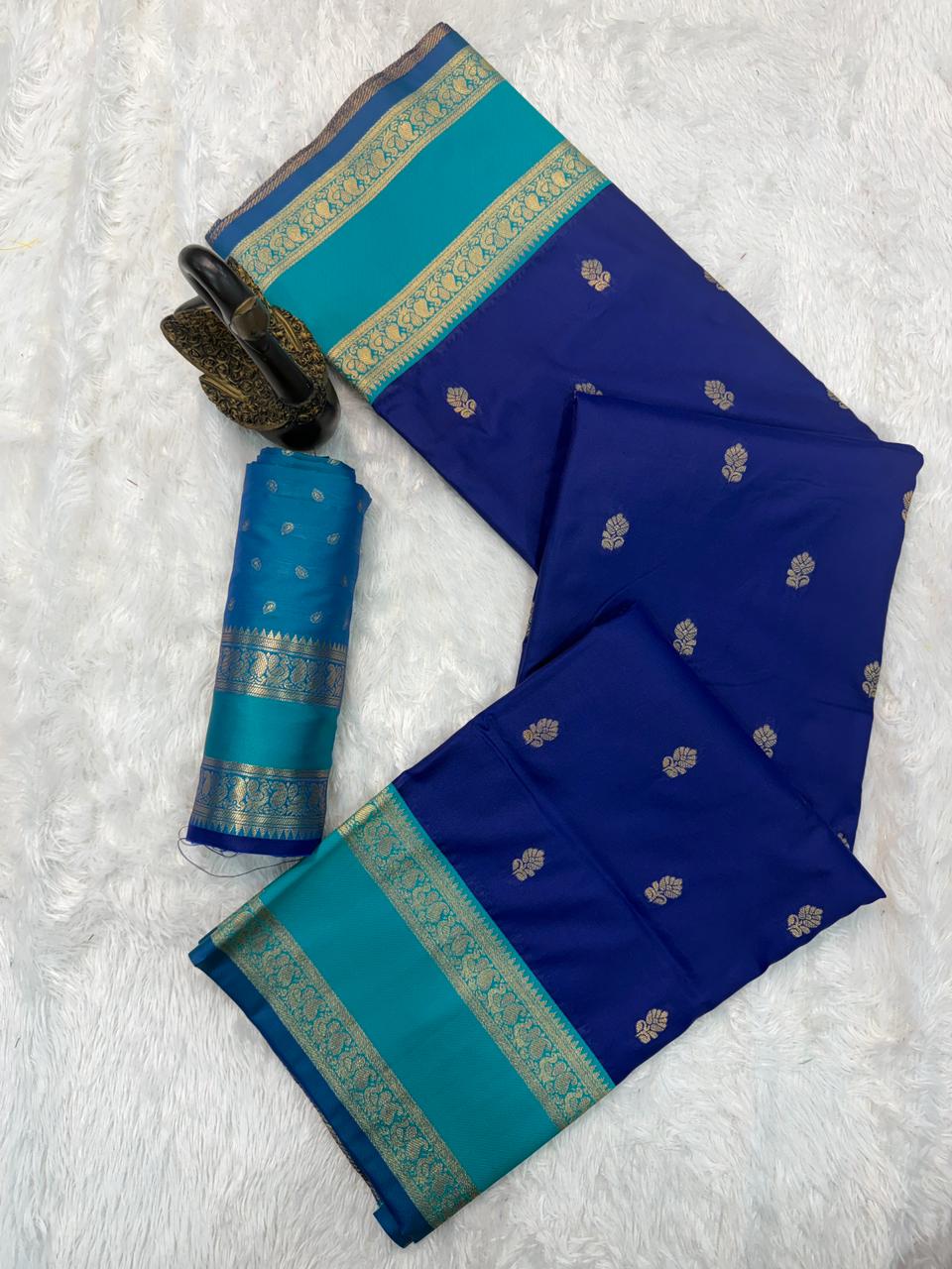 Marvellous Royal Blue Soft Banarasi Kathpadar Silk Saree With Girlish Blouse Piece