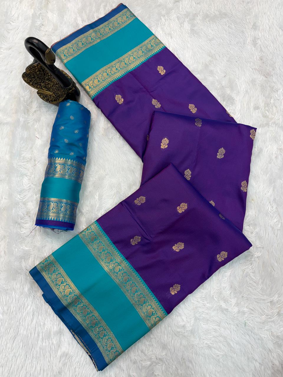 Glowing Royal Purple Soft Banarasi Kathpadar Silk Saree With Lagniappe Blouse Piece