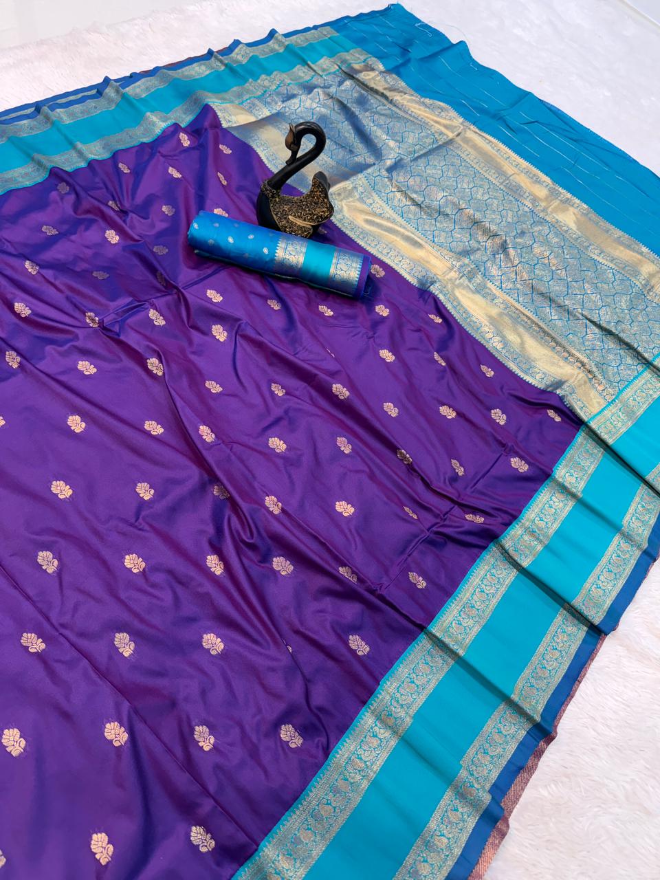 Glowing Royal Purple Soft Banarasi Kathpadar Silk Saree With Lagniappe Blouse Piece