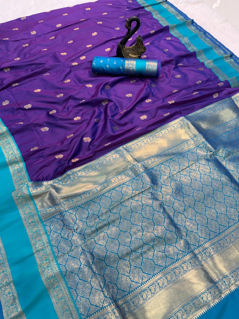 Glowing Royal Purple Soft Banarasi Kathpadar Silk Saree With Lagniappe Blouse Piece