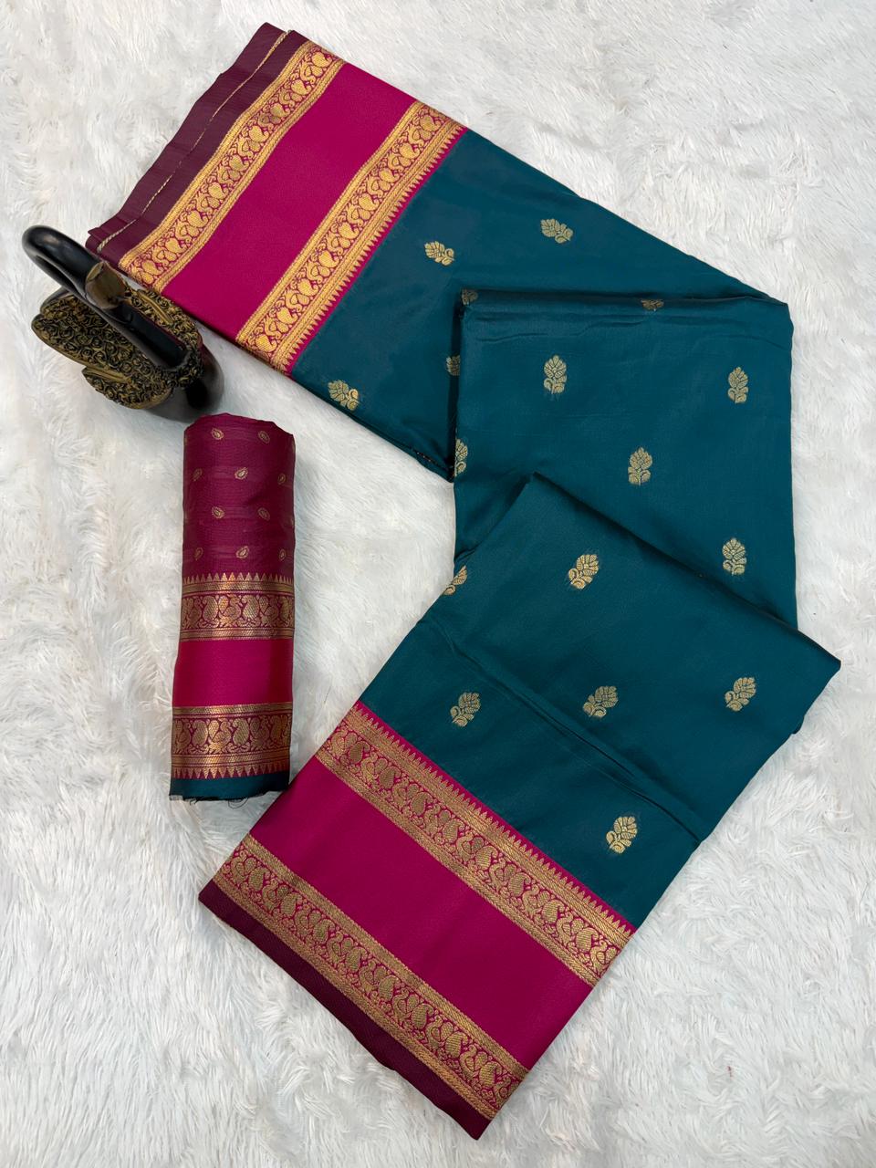 Posh Teal Blue Soft Banarasi Kathpadar Silk Saree With Wonderful Blouse Piece