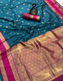 Posh Teal Blue Soft Banarasi Kathpadar Silk Saree With Wonderful Blouse Piece