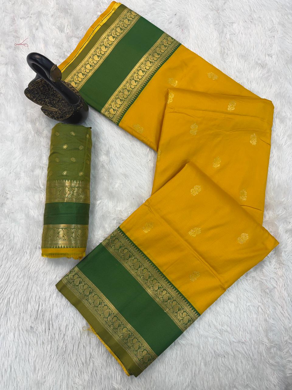 Classy Yellow Soft Banarasi Kathpadar Silk Saree With Vivacious  Blouse Piece