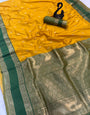 Classy Yellow Soft Banarasi Kathpadar Silk Saree With Vivacious  Blouse Piece
