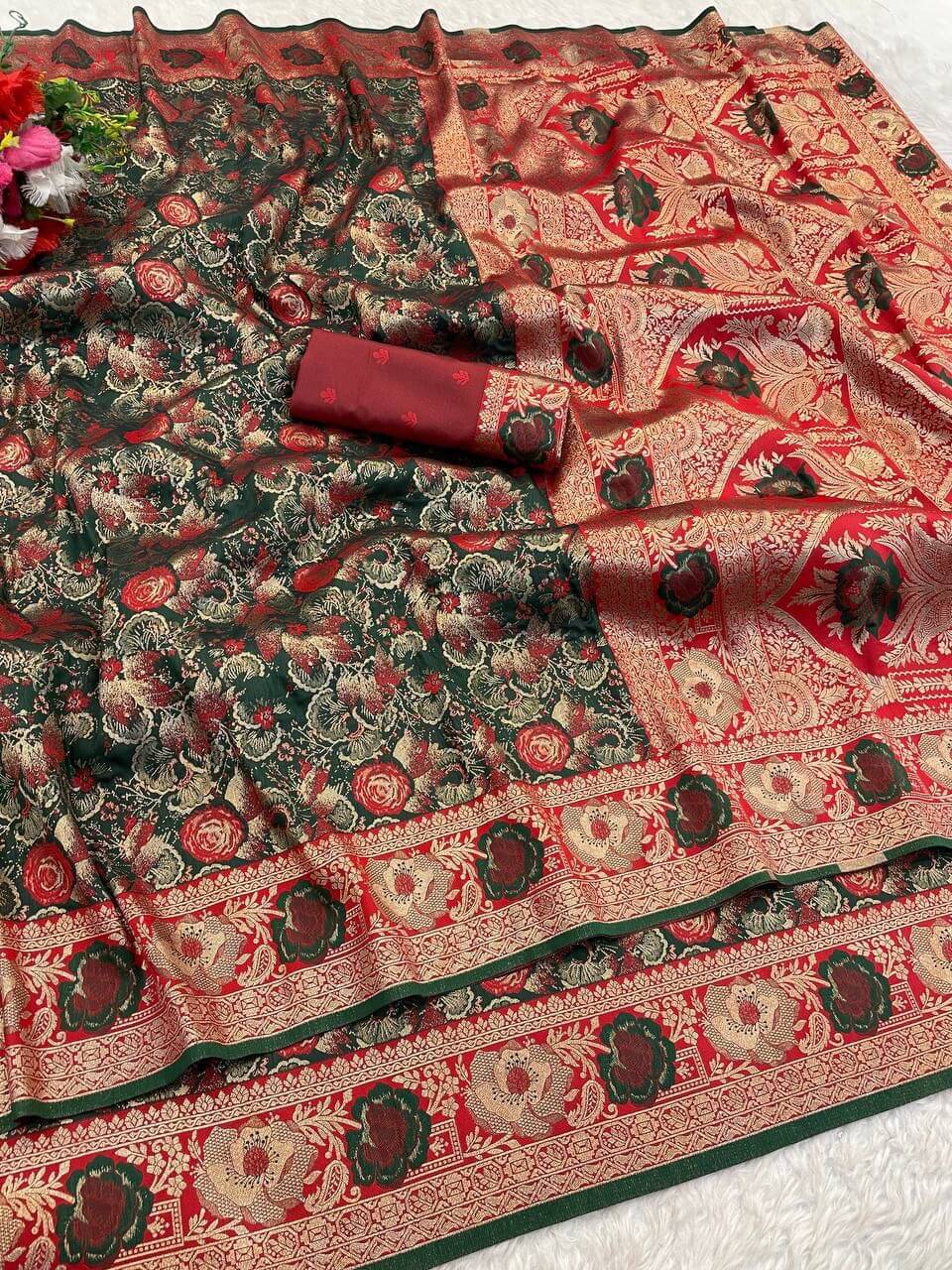 Bucolic Dark Green Soft Banarasi Silk Saree With Engrossing Blouse Piece