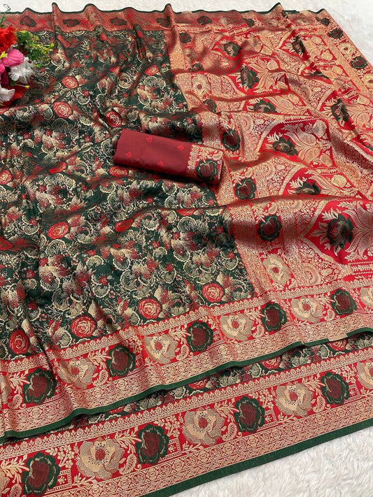 Bucolic Dark Green Soft Banarasi Silk Saree With Engrossing Blouse Piece