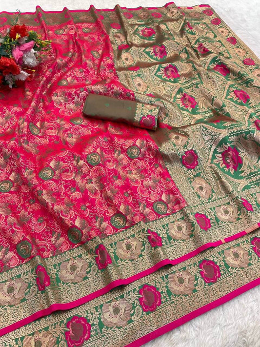 Sonorous Dark Pink Soft Banarasi Silk Saree With Deserving Blouse Piece