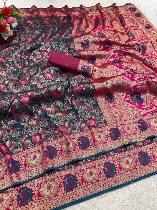 Ineffable Rama Soft Banarasi Silk Saree With Designer Blouse Piece