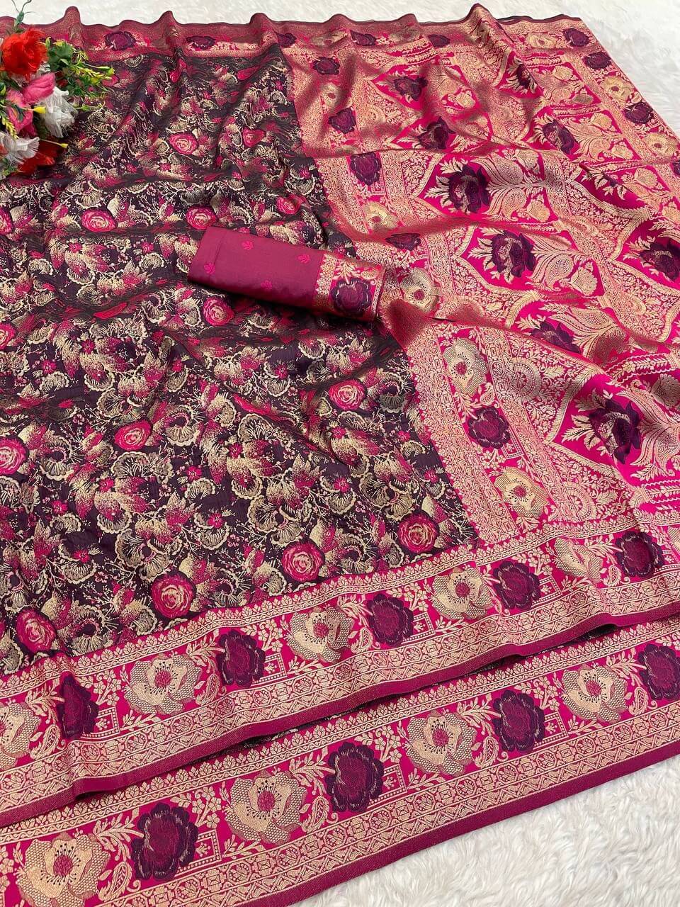 Demure Wine Soft Banarasi Silk Saree With Scrupulous Blouse Piece