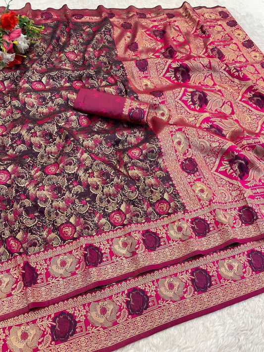 Demure Wine Soft Banarasi Silk Saree With Scrupulous Blouse Piece