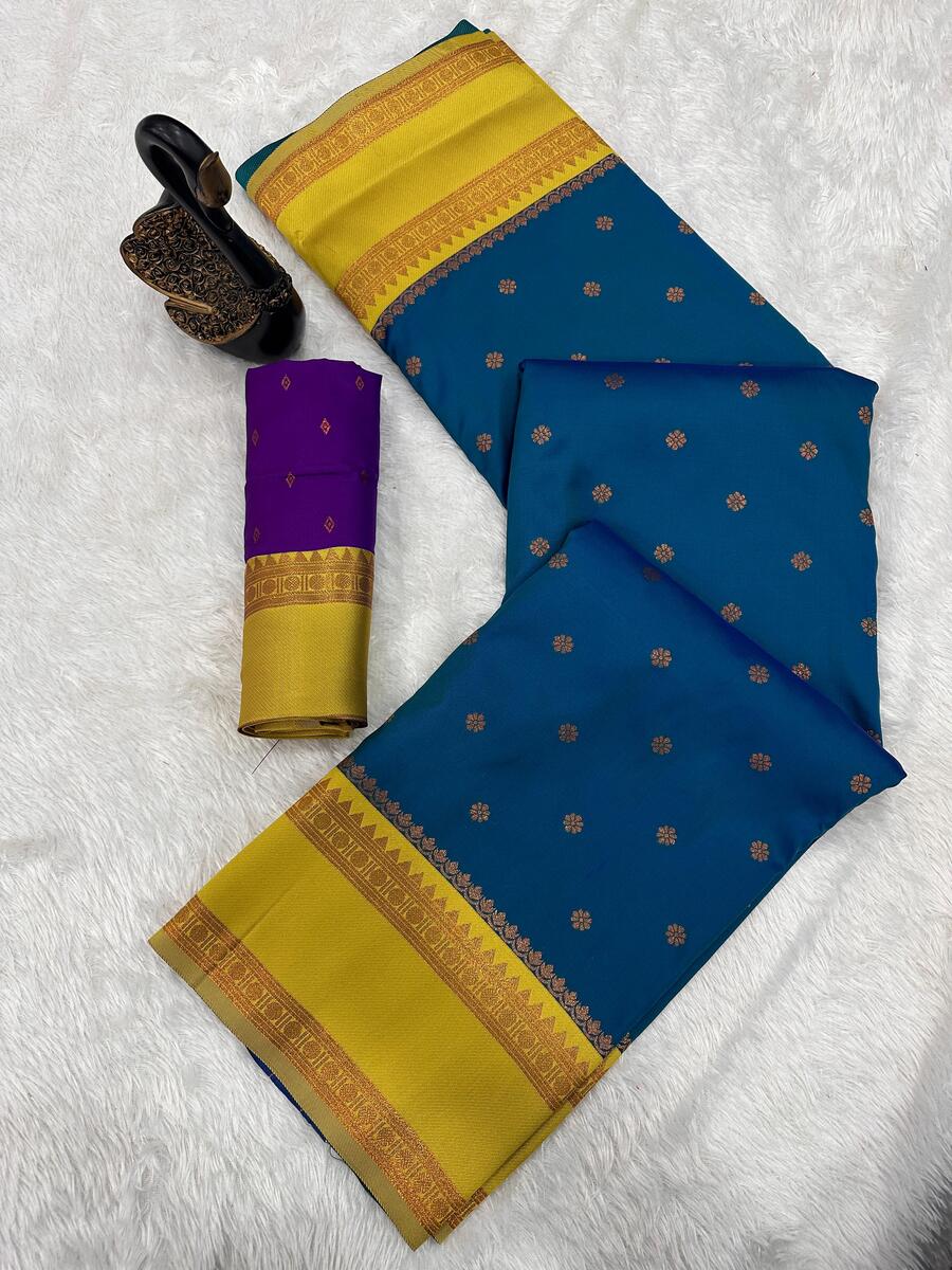 Resplendent Blue Soft Banarasi Silk Saree With Hypnotic Blouse Piece
