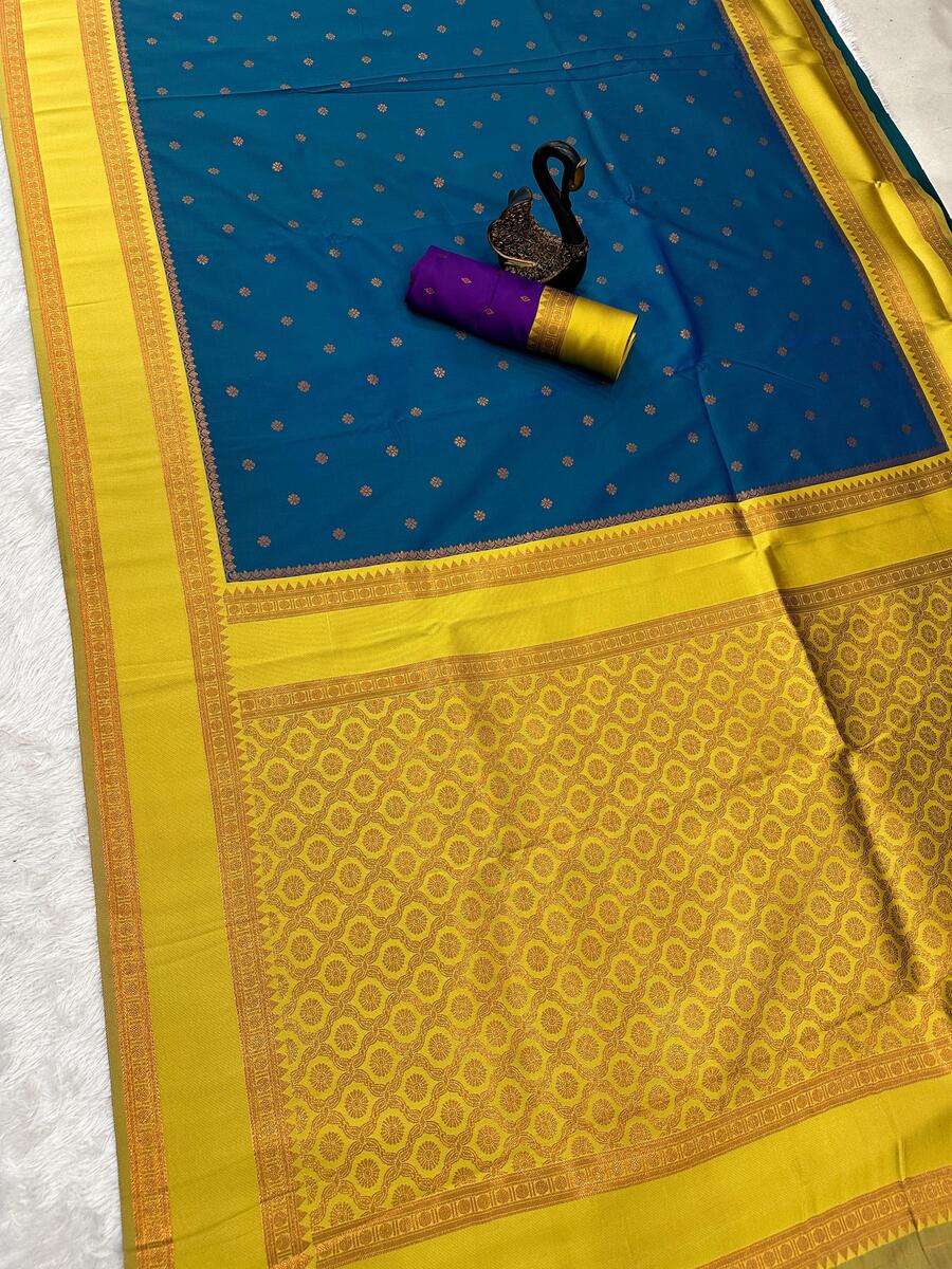 Resplendent Blue Soft Banarasi Silk Saree With Hypnotic Blouse Piece