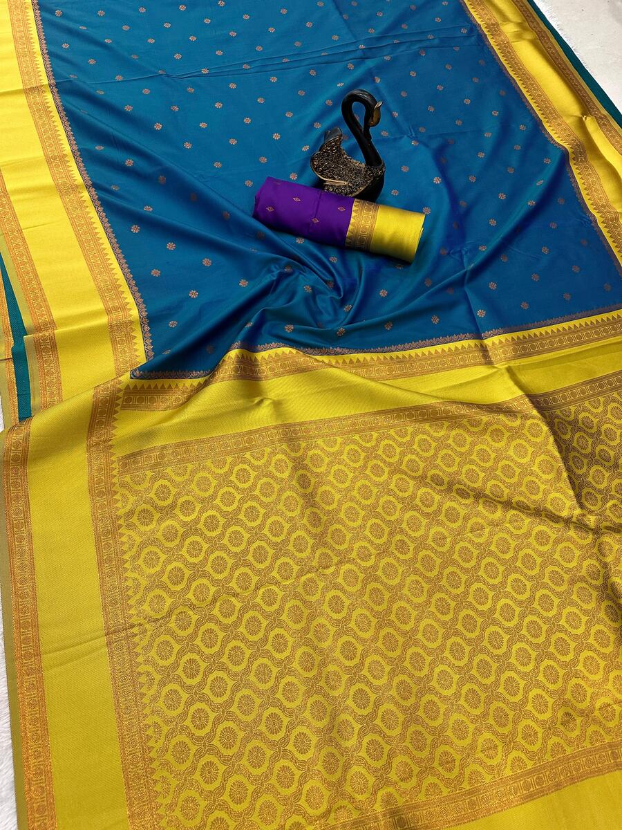 Resplendent Blue Soft Banarasi Silk Saree With Hypnotic Blouse Piece
