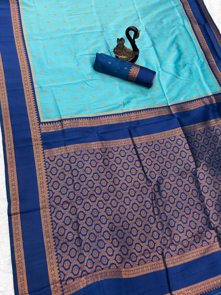 Nectarous Firozi Soft Banarasi Silk Saree With Ephemeral Blouse Piece