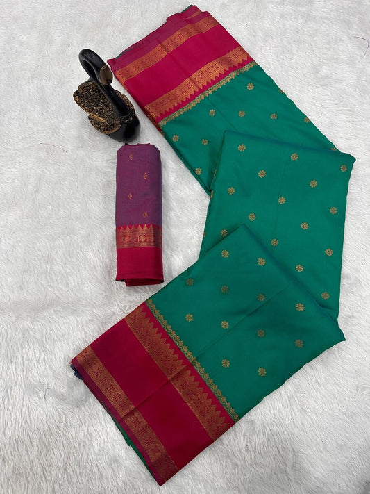 Staggering Green Soft Banarasi Silk Saree With Fugacious Blouse Piece