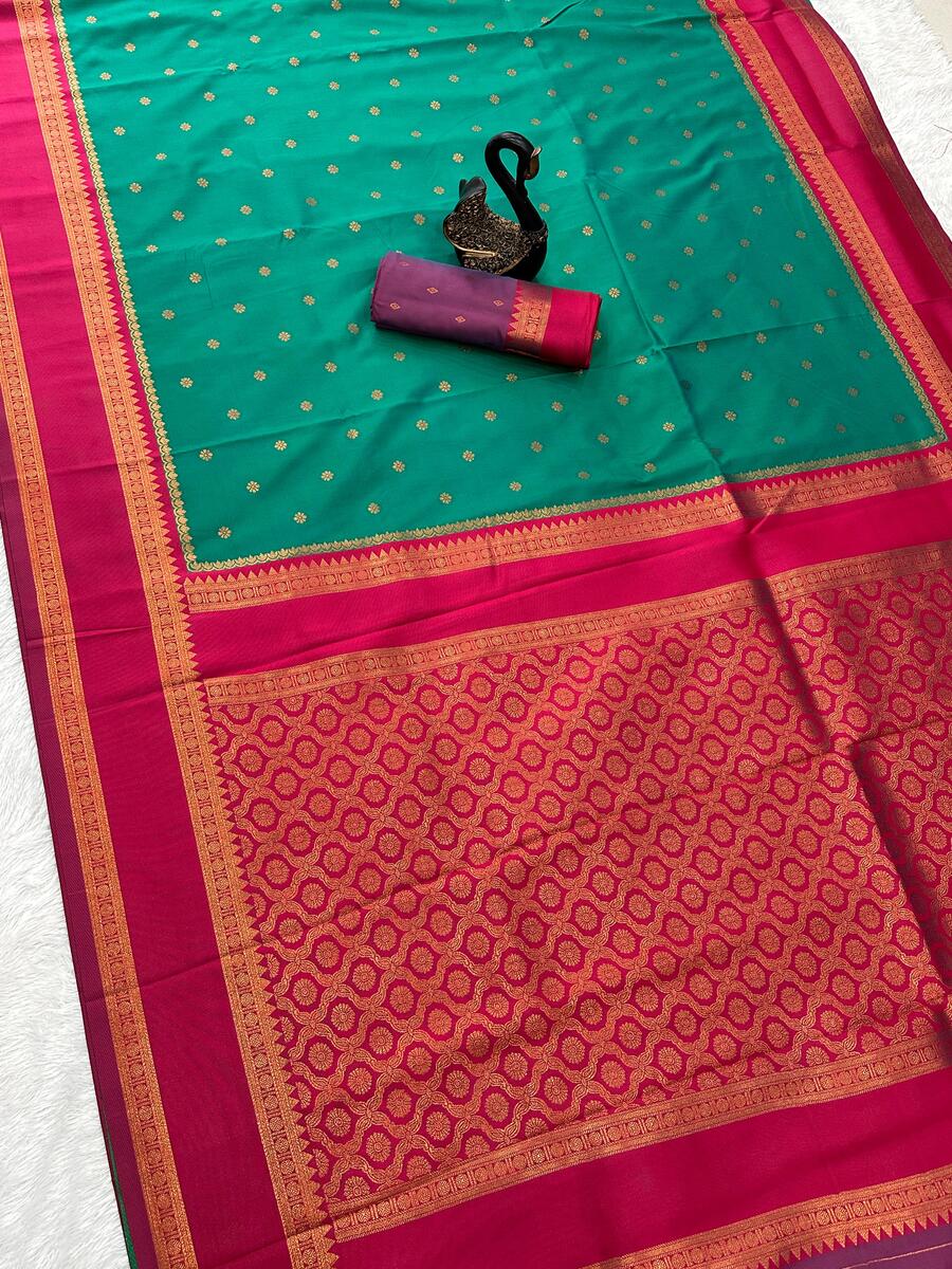 Staggering Green Soft Banarasi Silk Saree With Fugacious Blouse Piece