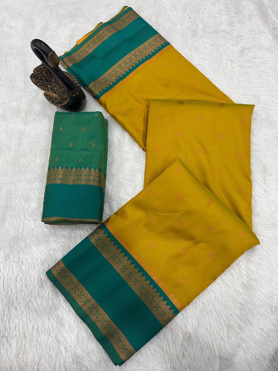 Demanding Mustard Soft Banarasi Silk Saree With Effulgent Blouse Piece