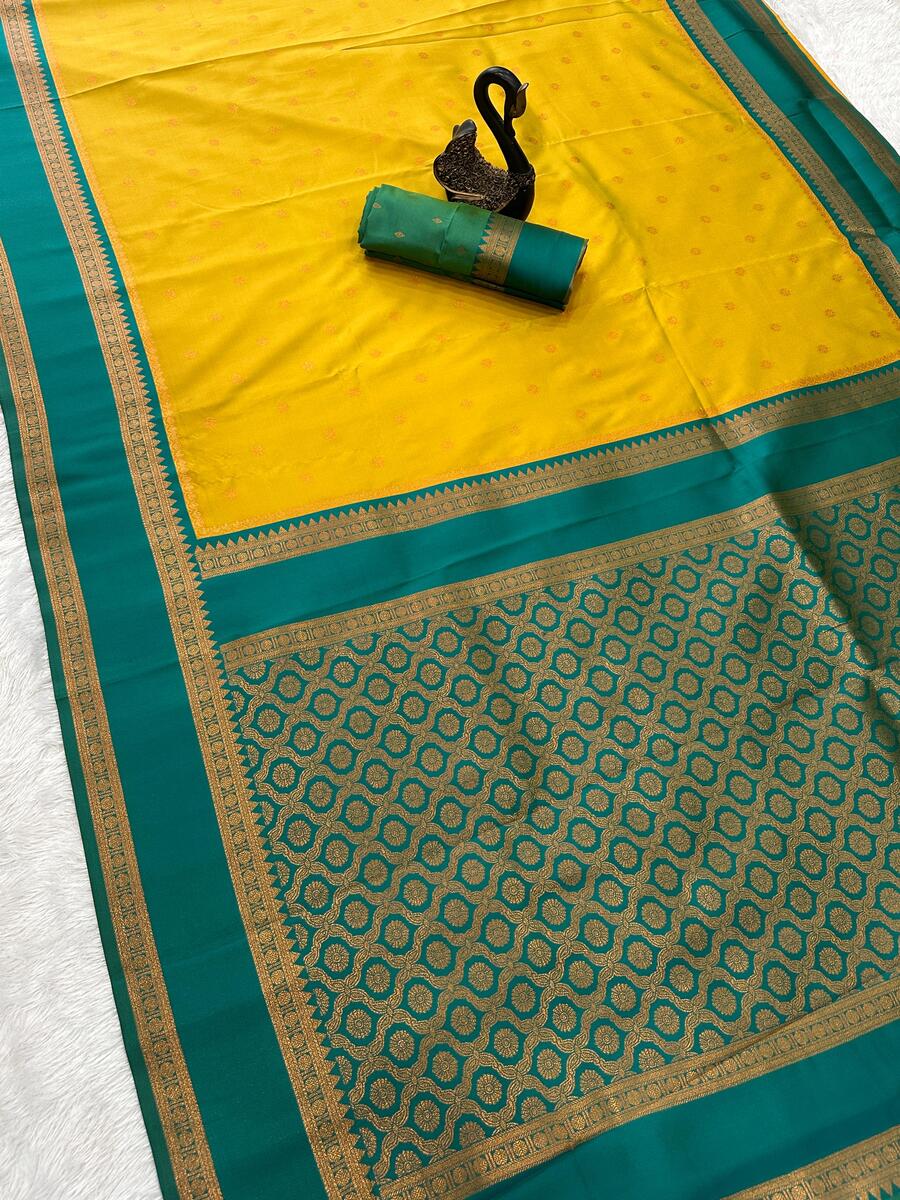 Demanding Mustard Soft Banarasi Silk Saree With Effulgent Blouse Piece