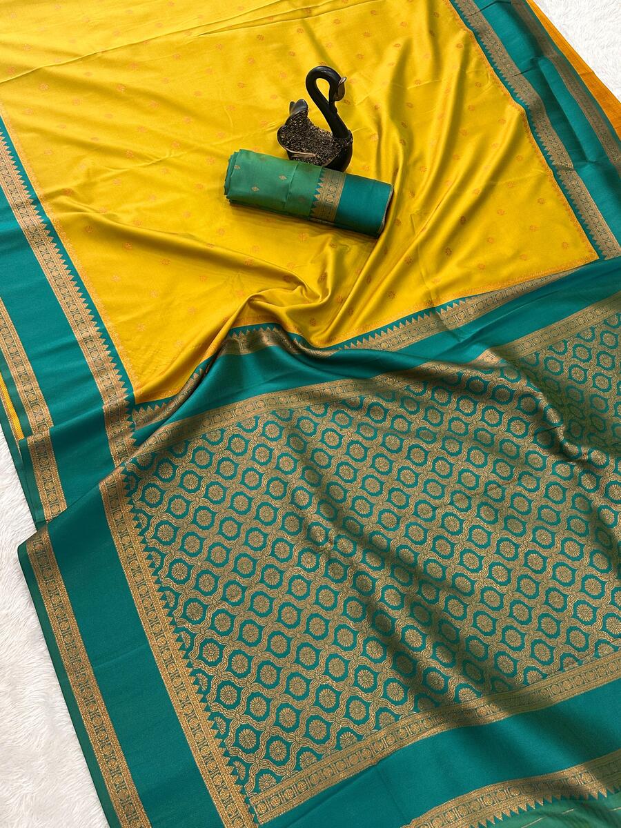 Demanding Mustard Soft Banarasi Silk Saree With Effulgent Blouse Piece