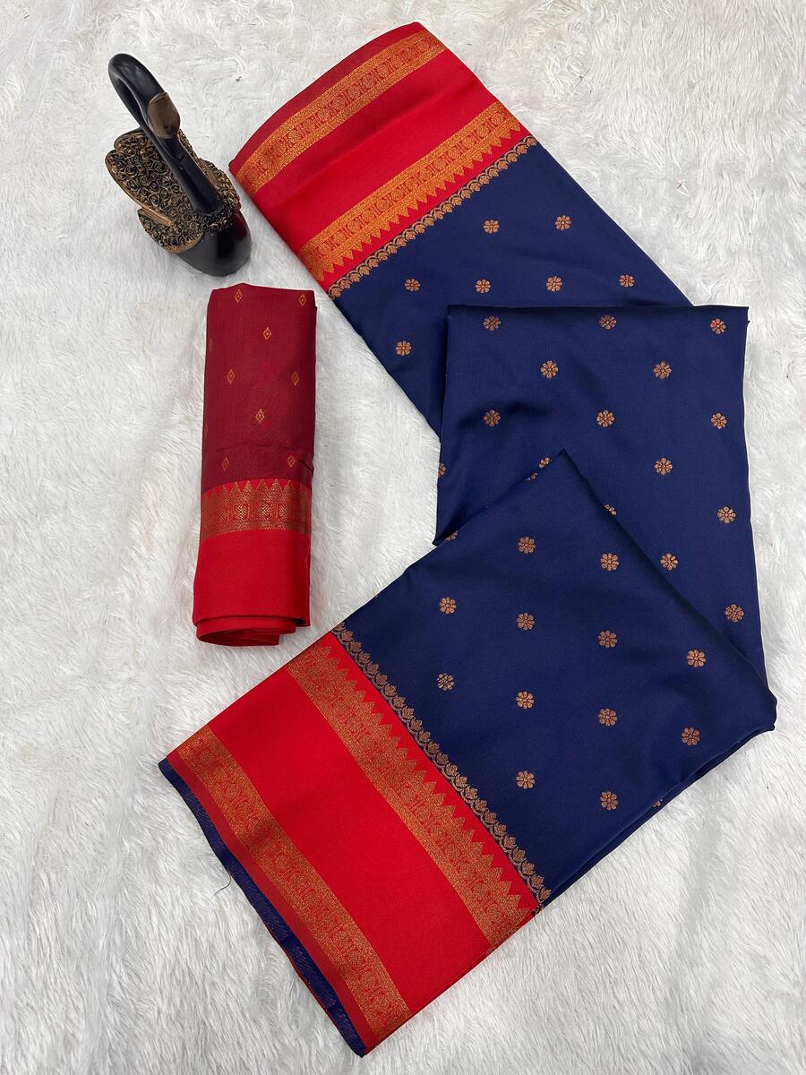 Diaphanous Navy Blue Soft Banarasi Silk Saree With Trendy Blouse Piece