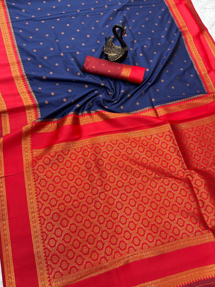 Diaphanous Navy Blue Soft Banarasi Silk Saree With Trendy Blouse Piece