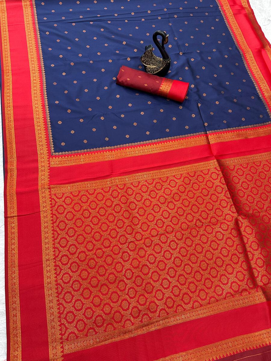 Diaphanous Navy Blue Soft Banarasi Silk Saree With Trendy Blouse Piece