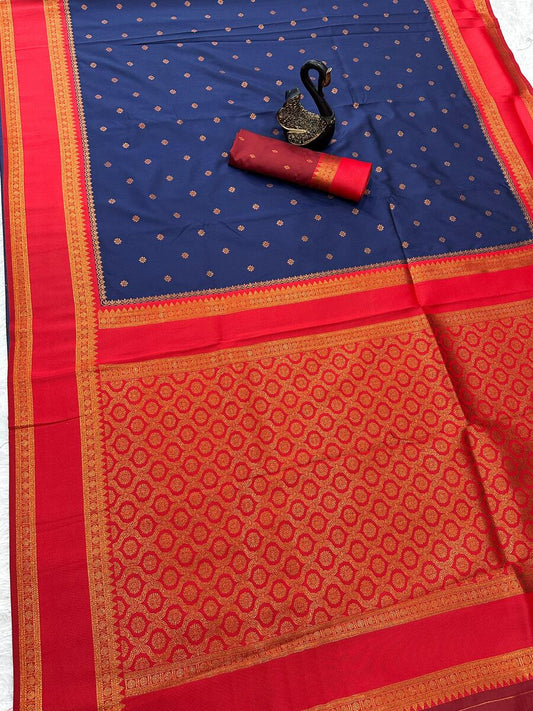 Diaphanous Navy Blue Soft Banarasi Silk Saree With Trendy Blouse Piece