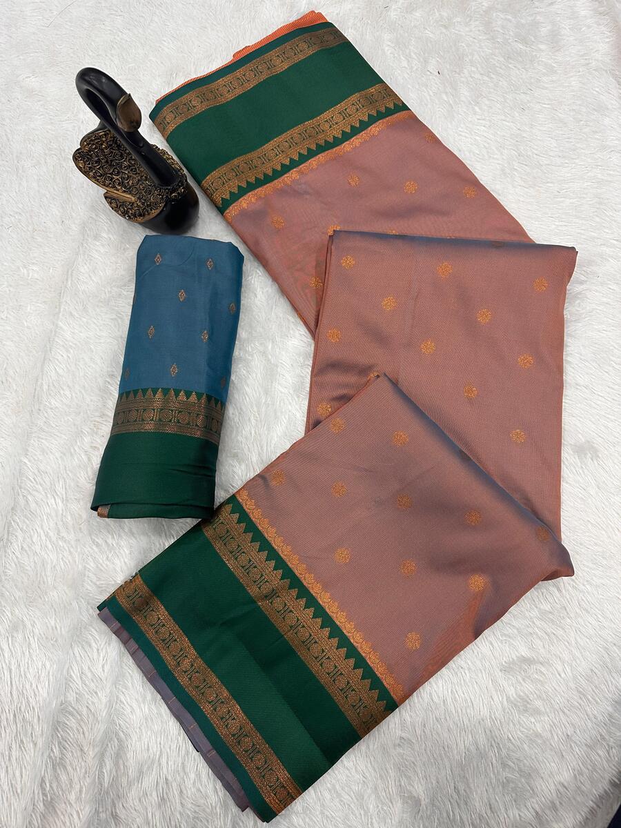 Super extravagant Peach Soft Banarasi Silk Saree With Glittering Blouse Piece
