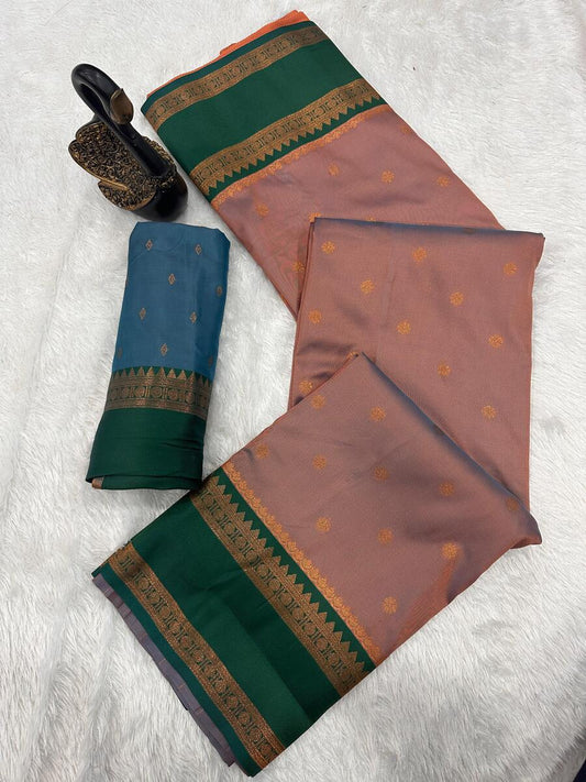 Super extravagant Peach Soft Banarasi Silk Saree With Glittering Blouse Piece