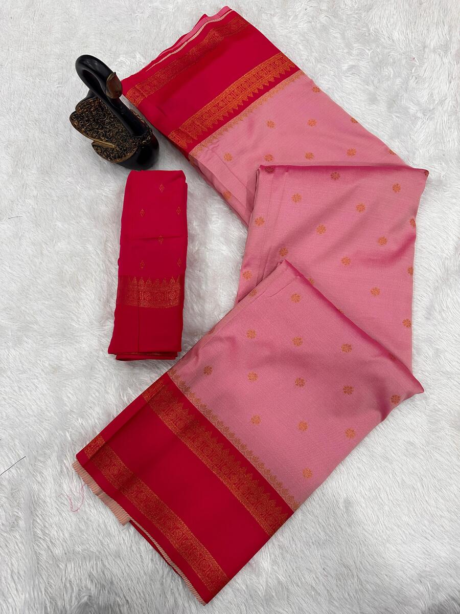 Zephyr Pink Soft Banarasi Silk Saree With Forbearance Blouse Piece
