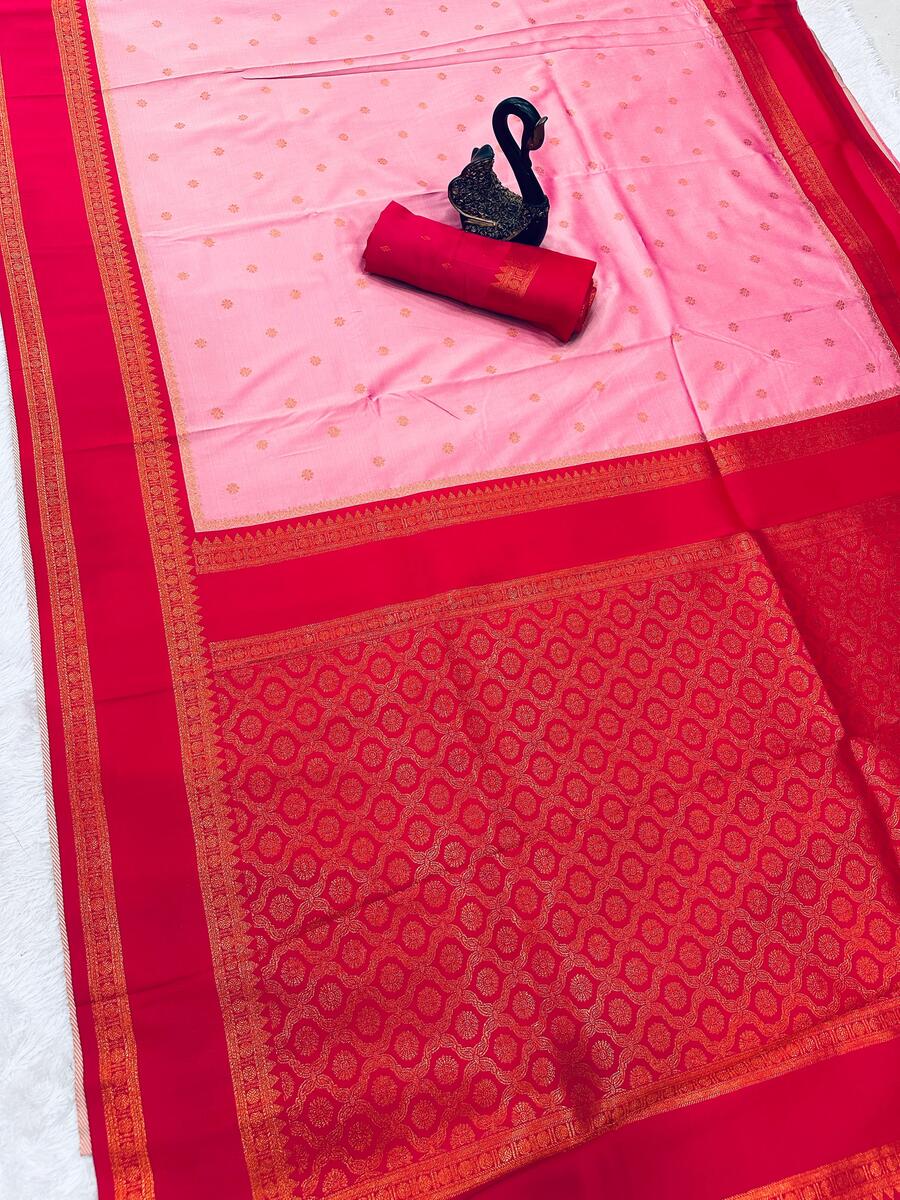 Zephyr Pink Soft Banarasi Silk Saree With Forbearance Blouse Piece