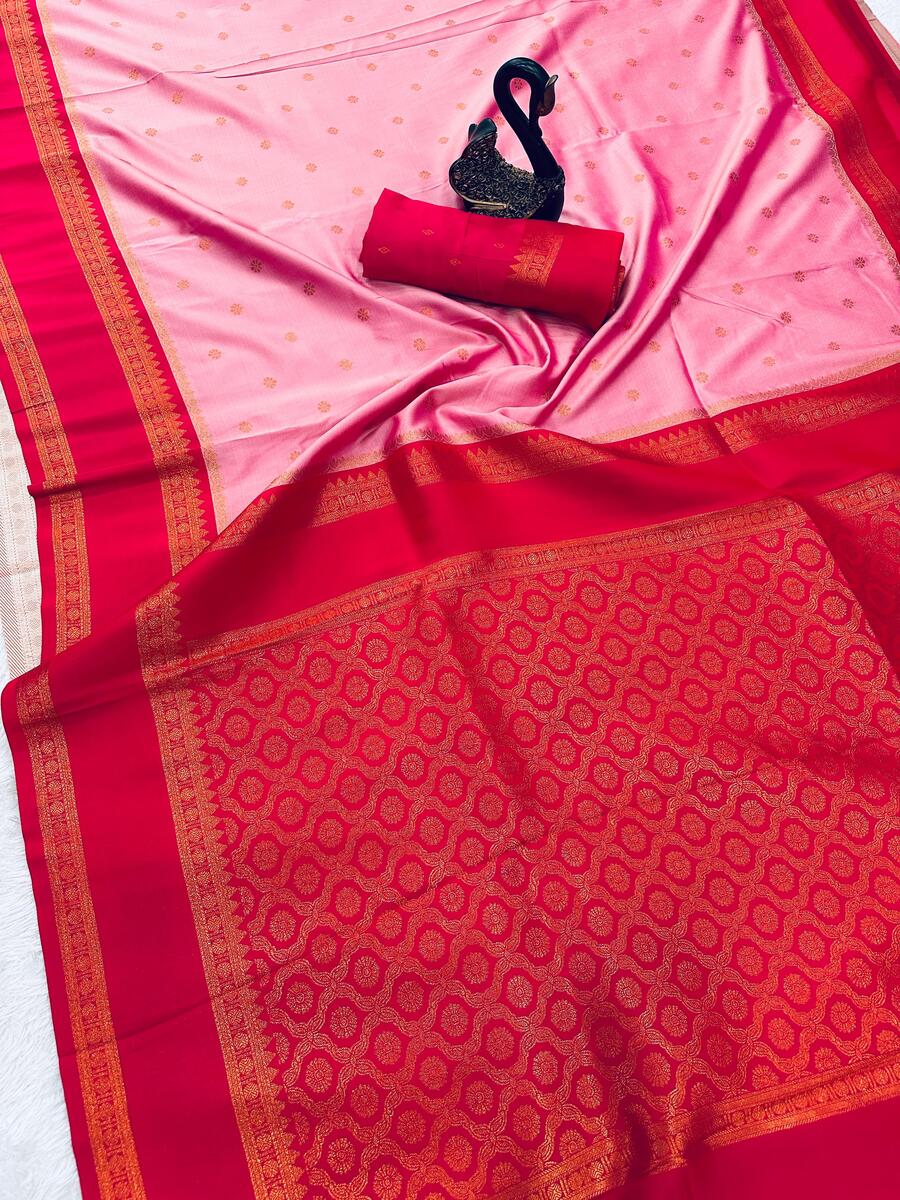 Zephyr Pink Soft Banarasi Silk Saree With Forbearance Blouse Piece