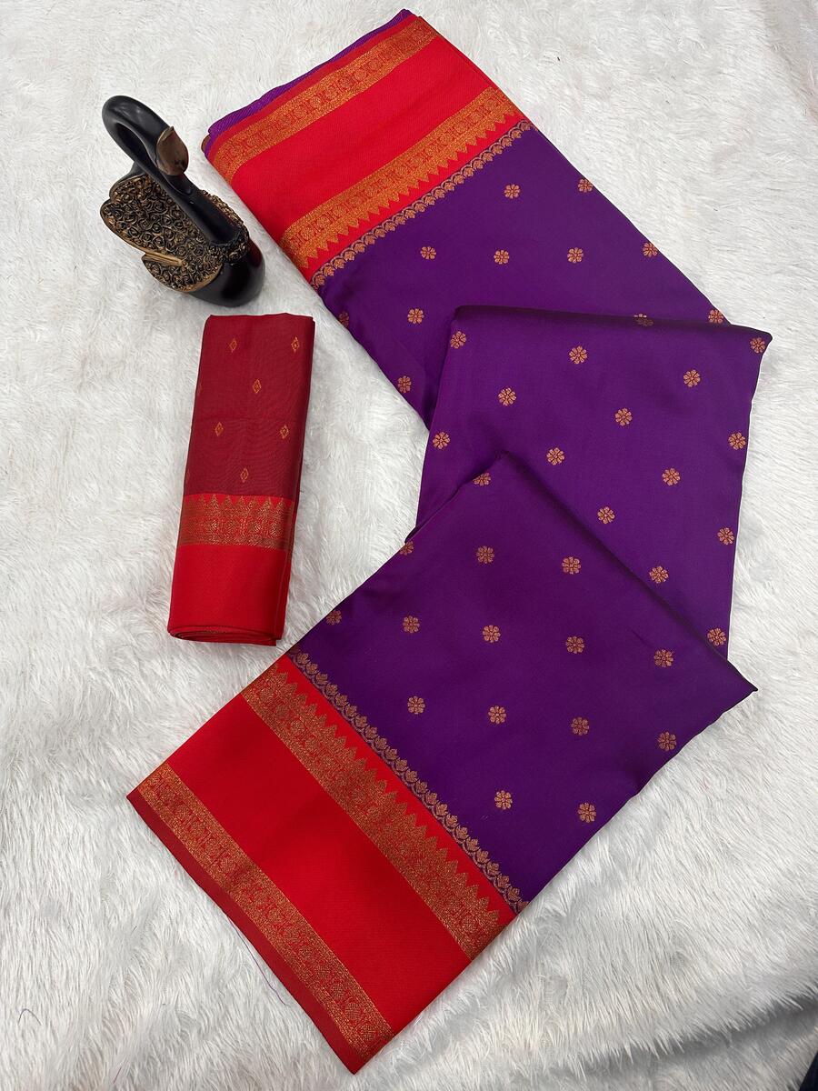 Denouement Purple Soft Banarasi Silk Saree With Super classy Blouse Piece