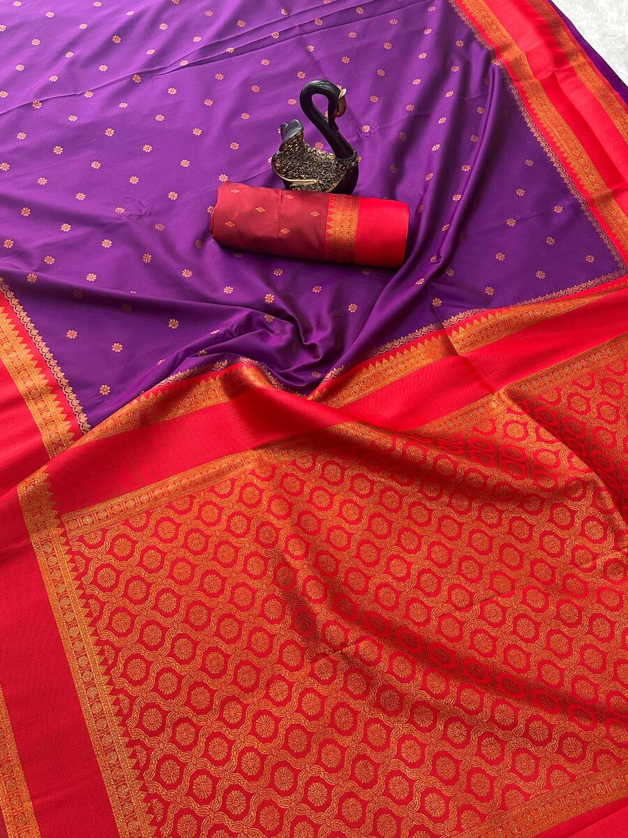 Denouement Purple Soft Banarasi Silk Saree With Super classy Blouse Piece
