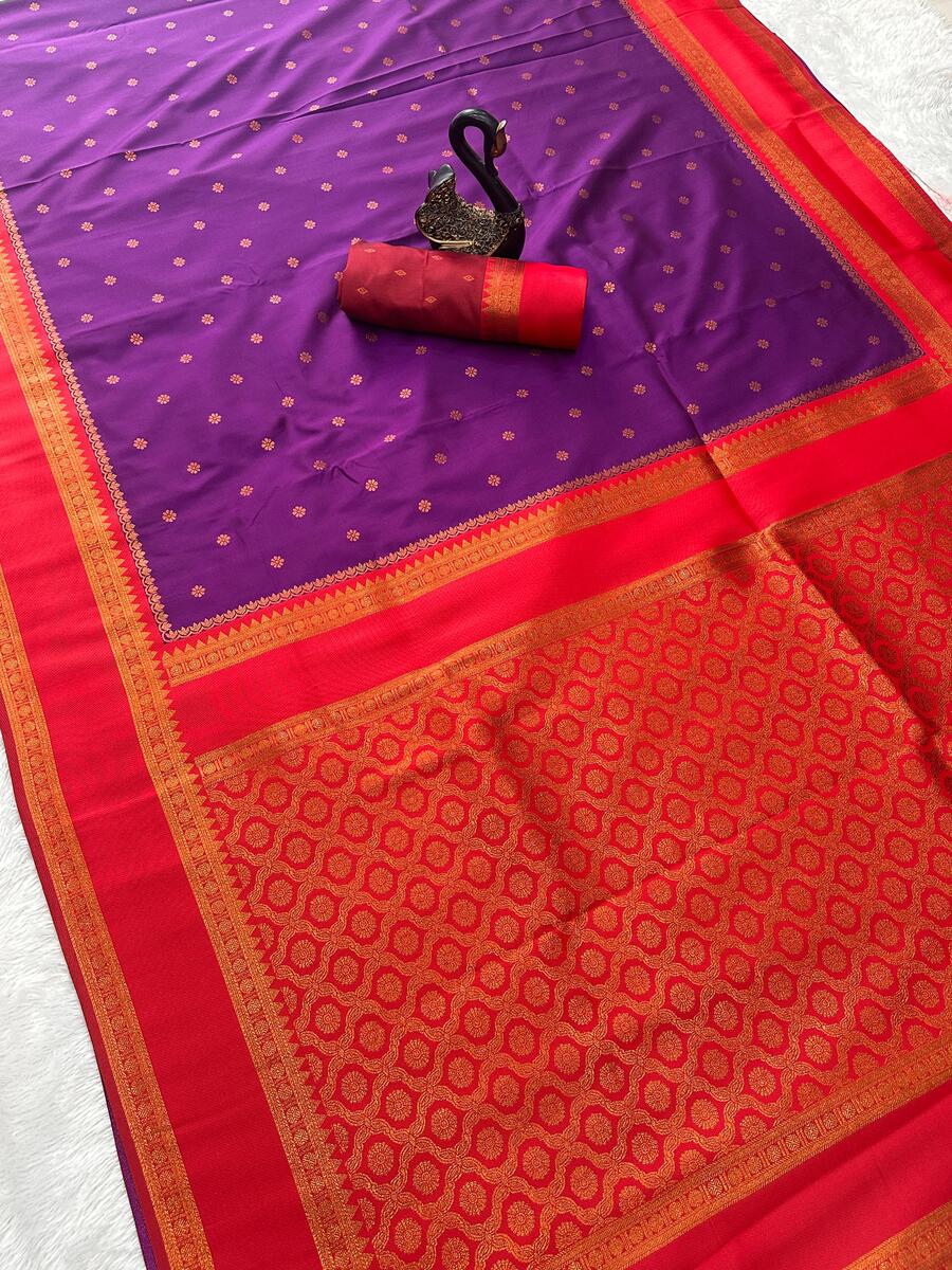 Denouement Purple Soft Banarasi Silk Saree With Super classy Blouse Piece