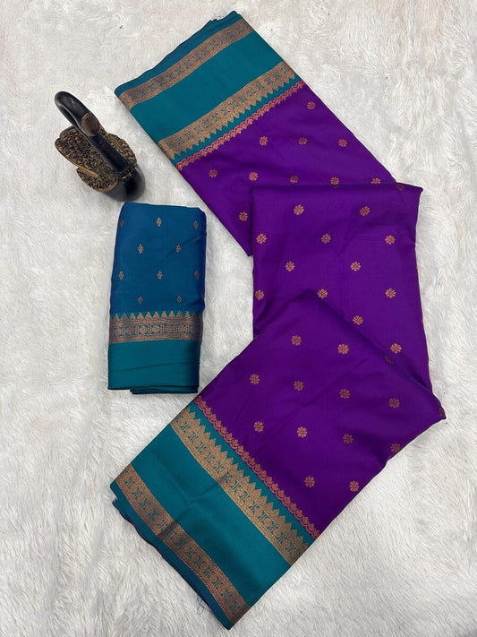 Vestigial Royal Purple Soft Banarasi Silk Saree With Lagniappe Blouse Piece