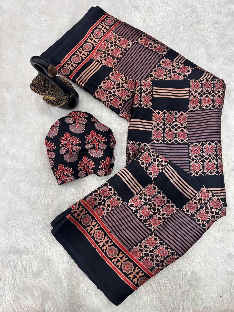 Most Stunning Black Ajrakh Printed Gajji Soft Silk Saree With Confounding Blouse Piece