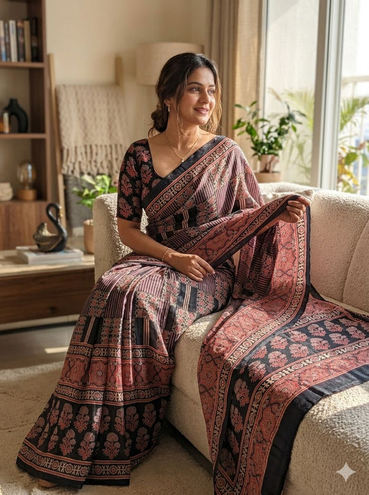 Embellished Black Ajrakh Printed Dola Silk Saree With Delectable Blouse Piece