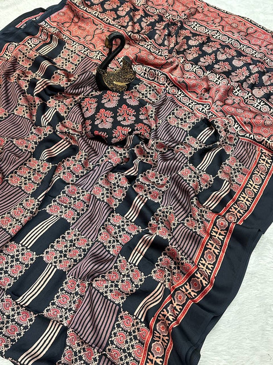 Embellished Black Ajrakh Printed Dola Silk Saree With Delectable Blouse Piece