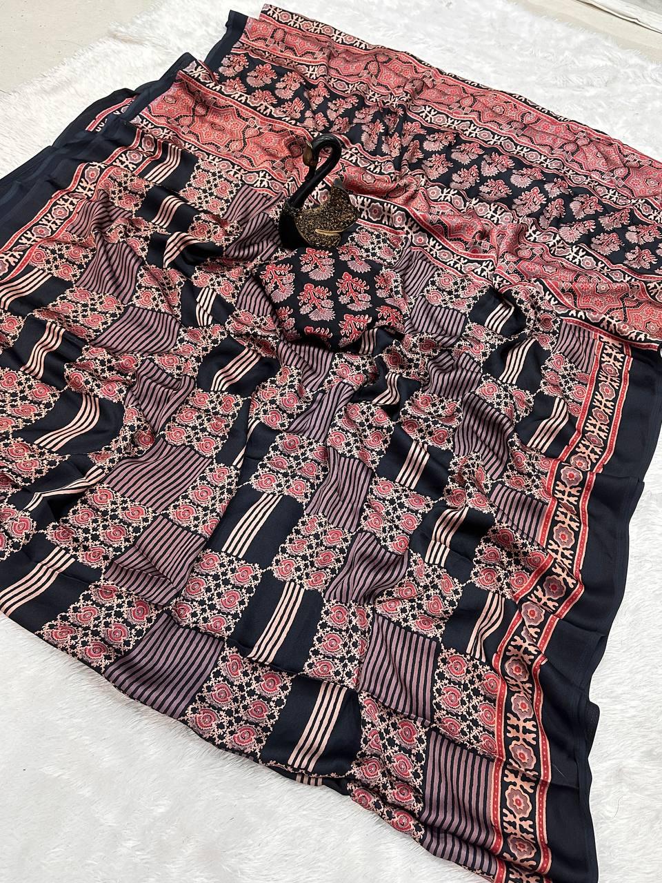 Most Stunning Black Ajrakh Printed Gajji Soft Silk Saree With Confounding Blouse Piece