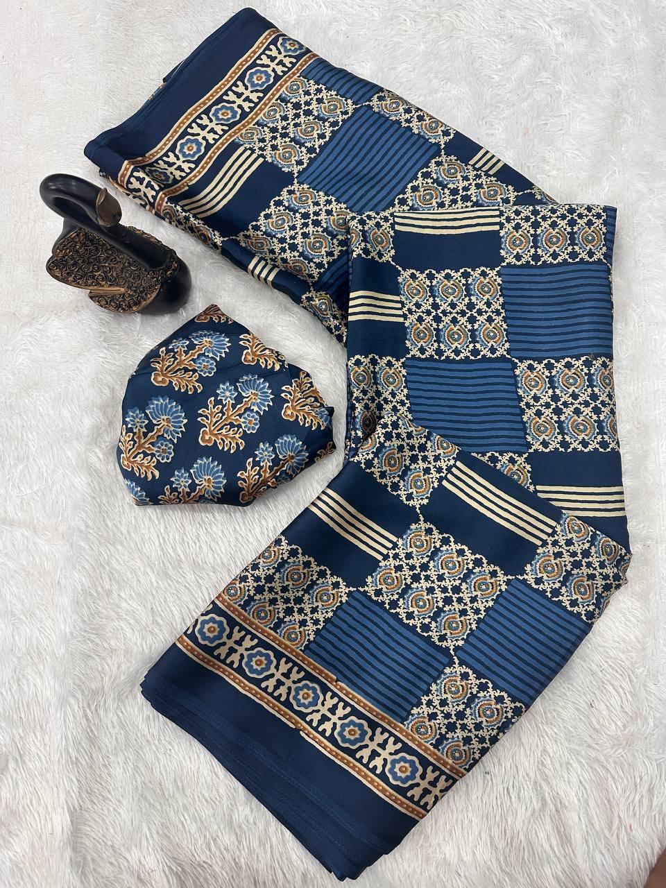 Winsome Blue Ajrakh Printed Gajji Soft Silk Saree With Flameboyant Blouse Piece