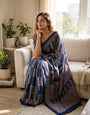 Inspiring Blue Ajrakh Printed Dola Silk Saree With Exuberant Blouse Piece